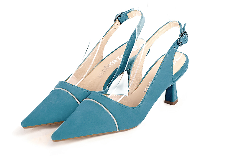 Peacock blue and light silver women's slingback shoes. Pointed toe. Medium spool heels. Front view - Florence KOOIJMAN